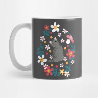 American Shorthair Cat and Flowers - Black Mug